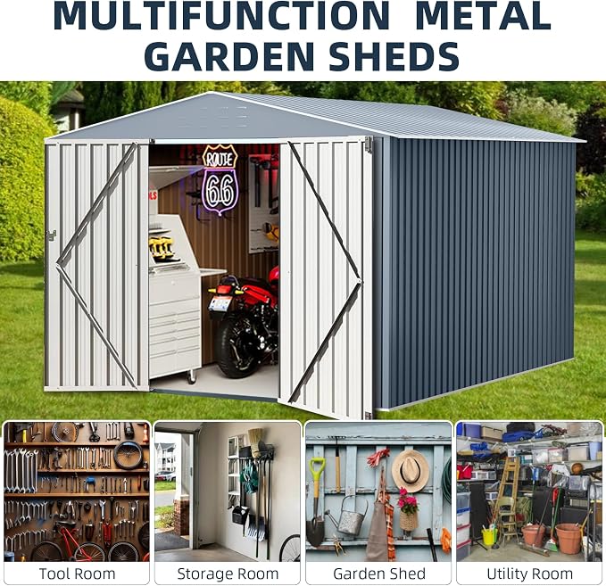 10x10FT Outdoor Metal Storage Shed, Lockable Weatherproof Garden Shed - Image 6