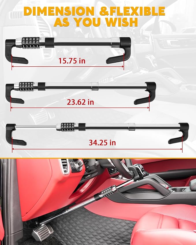 Tevlaphee Steering Wheel Lock Anti Theft Device Retractable Brake Pedal Lock - Image 2