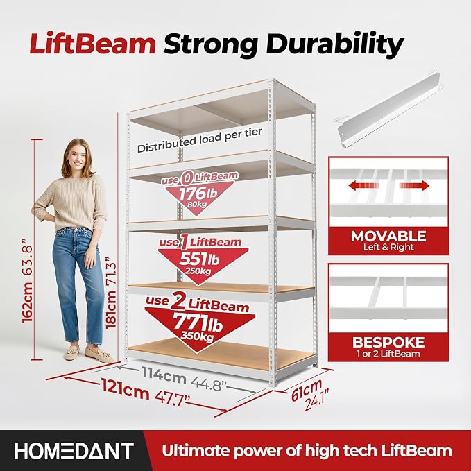 HOMEDANT White 5 Tier Laminated Boltless Heavy Duty Garage Storage Adjustable - Image 2