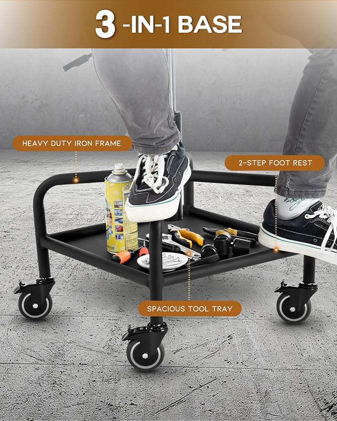 Shop Stool with Lockable Rubber Wheels Adjustable Backrest Tool Tray Storage - Image 5