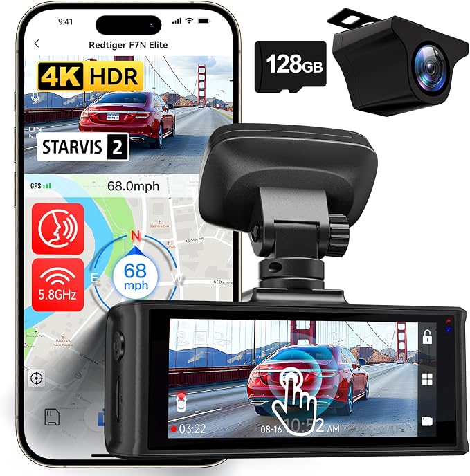 REDTIGER 4K HDR Dash Cam Front and Rear, STARVIS 2 Sensor, 5.8GHz WiFi APP by REDTIGER