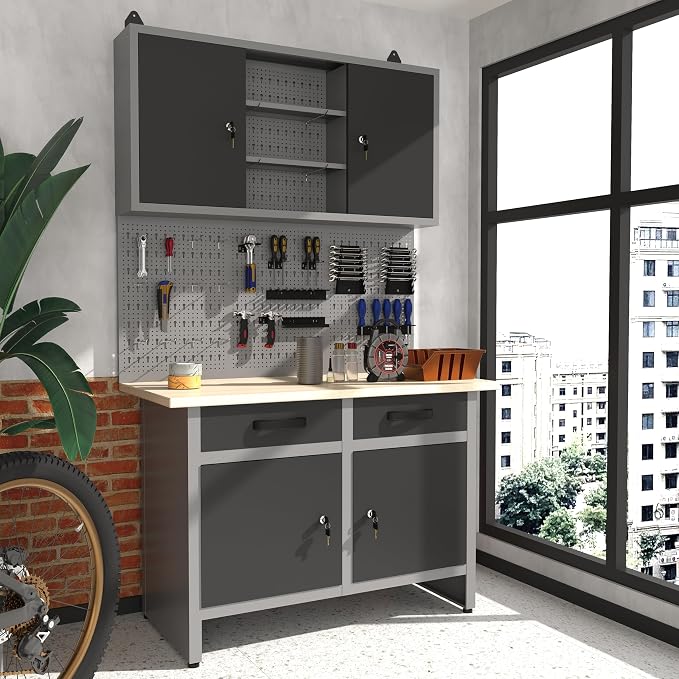 JZD Industrial Steel Garage Storage Cabinet System, Included Pegboard Wall - Image 4