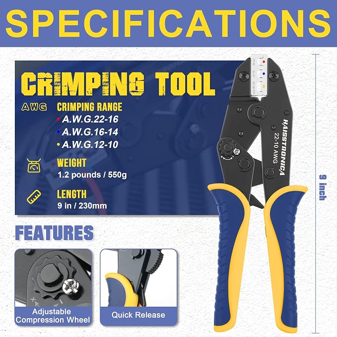 haisstronica Crimping Tool For Heat Shrink Connectors-AWG 22-10 Ratchet Wire - Image 2