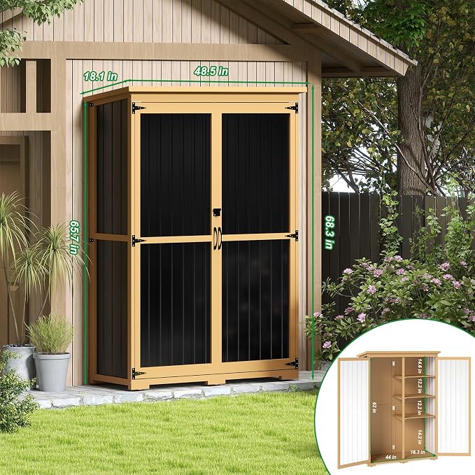 Outdoor Storage Shed with Shelf, Wood & Metal Storage Cabinet with Lockable - Image 4