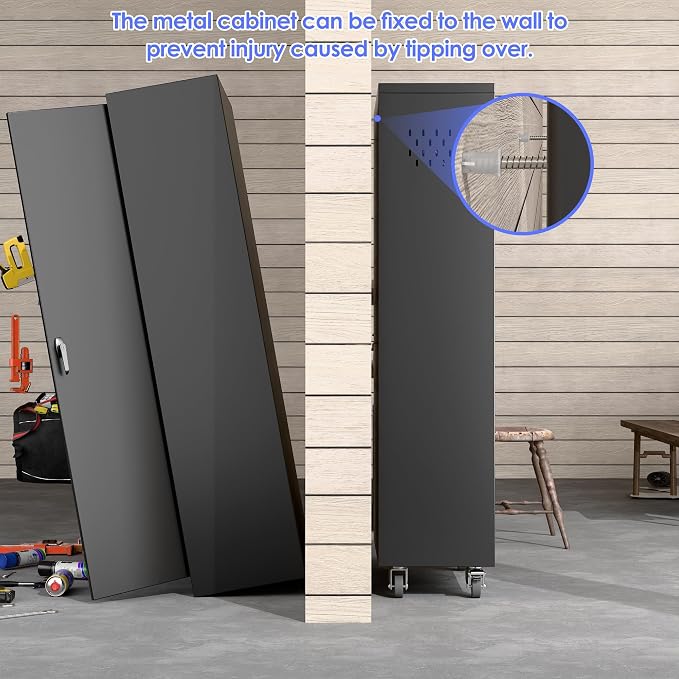 Garage Storage Cabinet with Wheels, 61.7" H Broom Closet Storage Cabinet with - Image 6