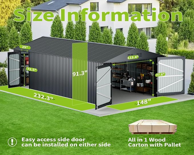 20 x 13 FT Outdoor Storage Shed, Large Metal Garden Shed - Image 3