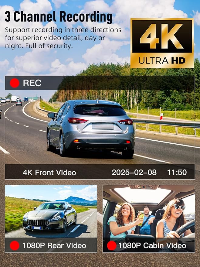 3 Channel 5G WiFi Dash Cam, 4K+1080P+1080P Dash Cam Front and Rear Inside - Image 4