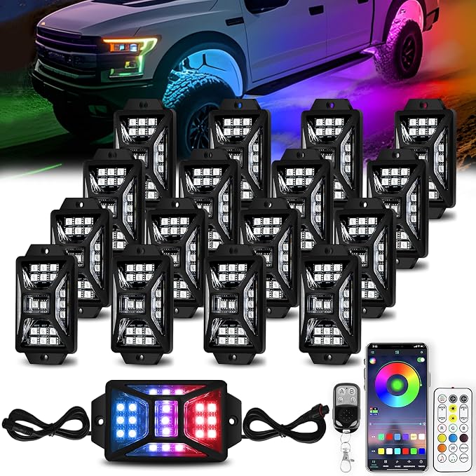 16 Pods 336 LEDs 5 Sides RGB Rock Lights, App/Remote Control Rock Lights by AutoBuero