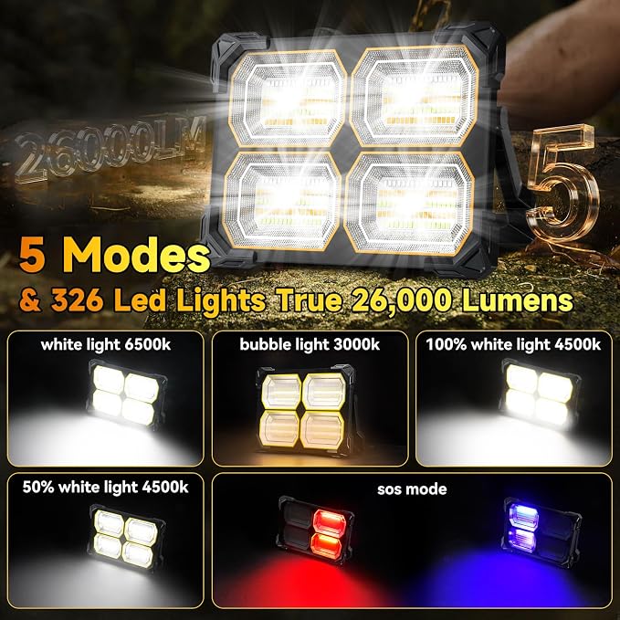 300W Led Work Light Rechargeable, 26000MAh Solar Portable Light, 26000LM - Image 2