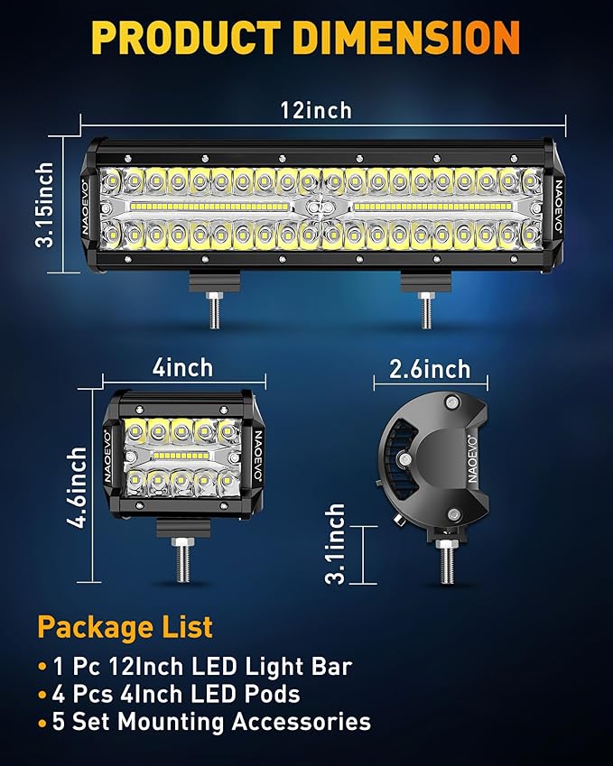 NAOEVO 12 Inch LED Light Bar and 4PCS 4 Inch LED Pod Lights, 54000LM LED - Image 5