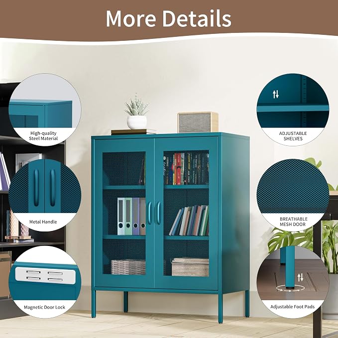 Metal Storage Cabinet with Mesh Doors, Steel Display Cabinet with Adjustable - Image 6