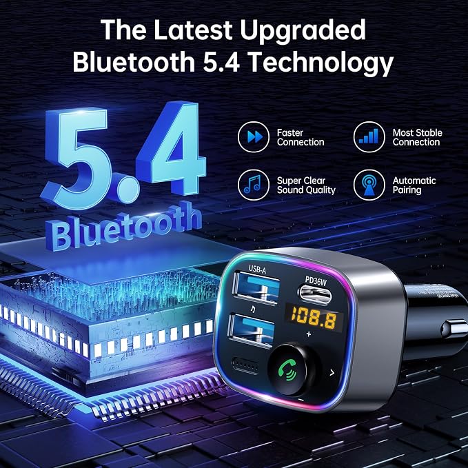 Syncwire Bluetooth 5.3 FM Transmitter Car Adapter 48W Wireless Radio Music - Image 2