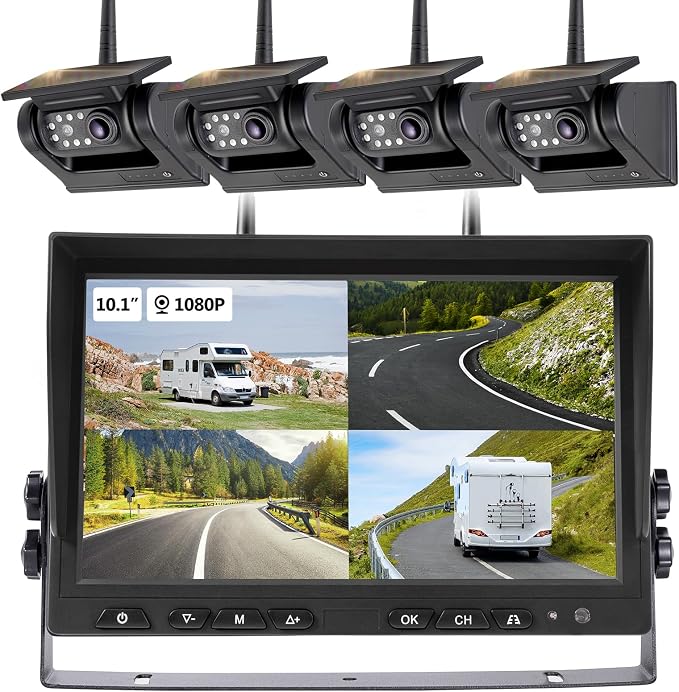 10.1" - 4 Magnetic Solar Wireless Backup Camera System, HD 1080P DVR Monitor by WOOCARTY