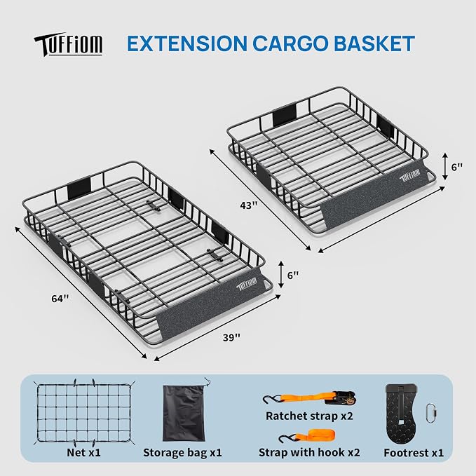 TUFFIOM 64"x 39"x 6" Universal Rooftop Cargo Carrier Basket, Extendable Steel - Image 3