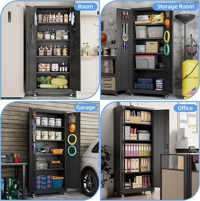Metal Storage Cabinet with Wheels, Pegboard and 4 Hooks, Assembly Required - Image 7