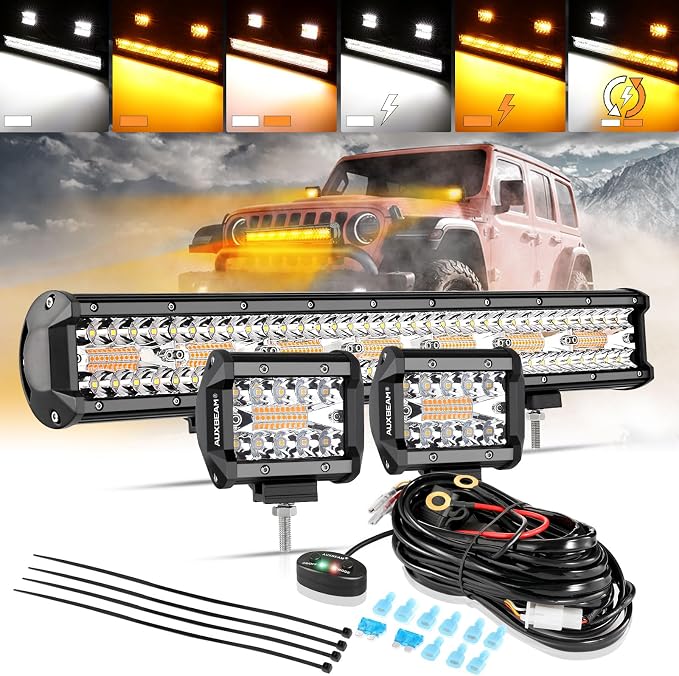 Auxbeam 20" 420W LED Light Bar w/ 2x 4" 120W Pods, Amber/White Strobe Off-Road by Auxbeam