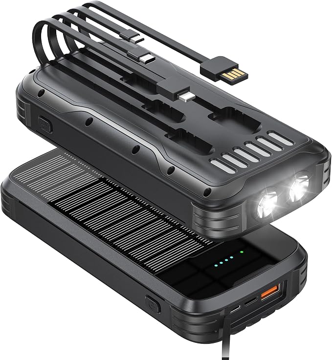 Solar Charger Power Bank, 40000mAh Portable Phone Charger Built in 4 Cables by MinrisePortableCharger