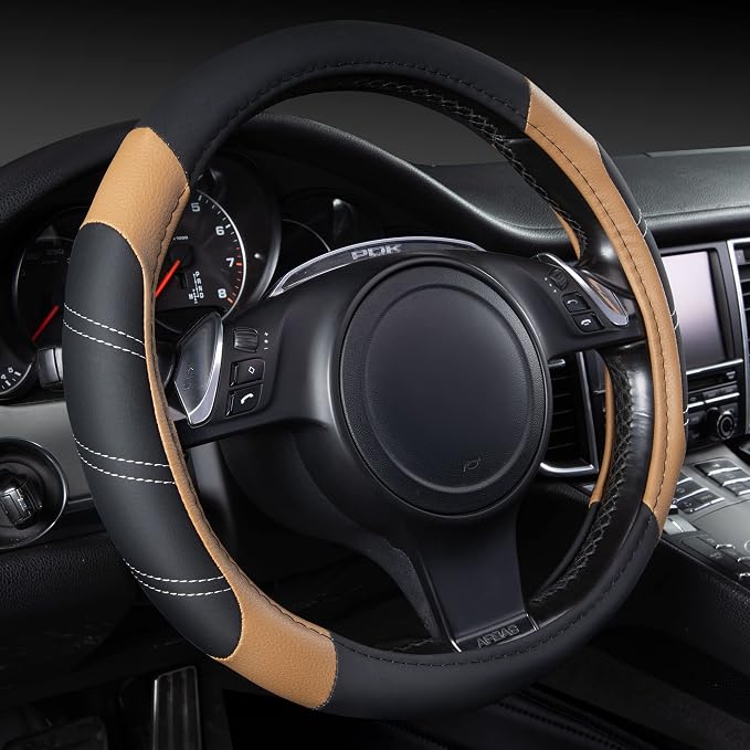 CAR PASS Line Rider Microfiber Leather Sporty 14.5-15 inch Steering Wheel Cover by CARPASS