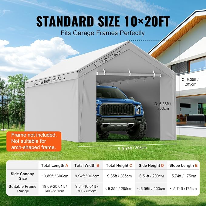 VEVOR Carport Replacement Canopy Cover Top + Side Wall 10 x 20 ft, Garage Tent - Image 4
