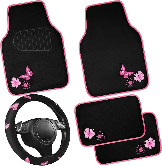 CAR PASS Embroidery Butterfly Steering Wheel Cover and Waterproof Car Floor Mats by CARPASS