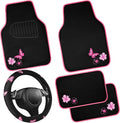 CAR PASS Embroidery Butterfly Steering Wheel Cover and Waterproof Car Floor Mats by CARPASS