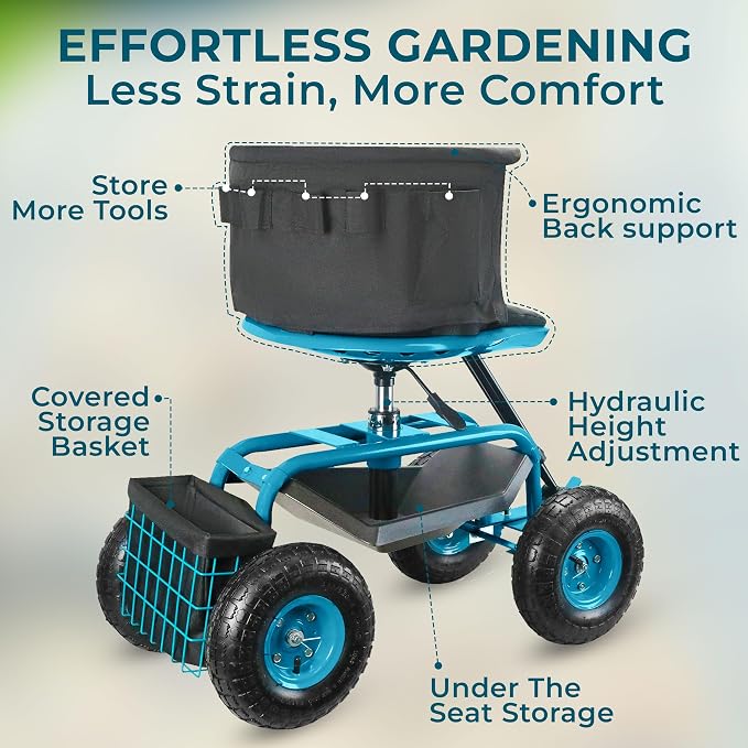 Garden Seat with Wheels – Adjustable 360° Swivel Gardening Stool with Hydraulic - Image 4