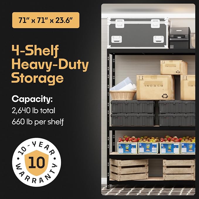 Storage Shelves: 4 Storage Shelves Heavy Duty w/ 2, 640 lb Total Load Capacity - Image 4