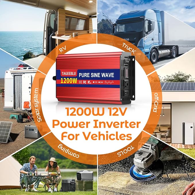 1200W Pure Sine Wave Inverter, 12V DC to 110V/120V AC Power Inverter - Image 9