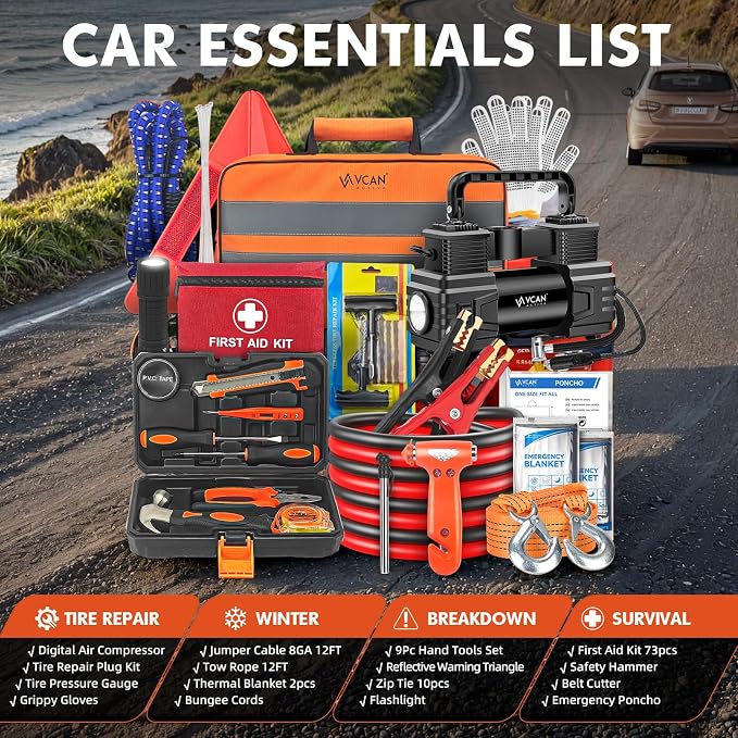 Car Emergency Kit with Portable Air Compressor, First Aid Kit, Jumper Cables - Image 6