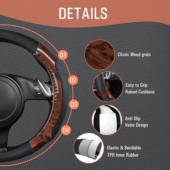 CAR PASS Wood Grain Microfiber Leather Sporty 14.5-15 inch Steering Wheel Cover - Image 4