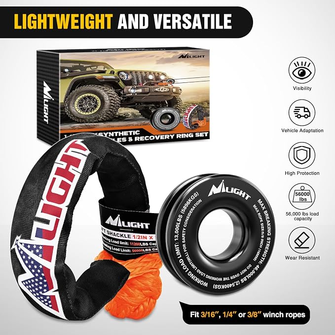 Nilight Synthetic Soft Shackle & Recovery Ring Kit 1/2inch x 24inch Soft Shackle - Image 8