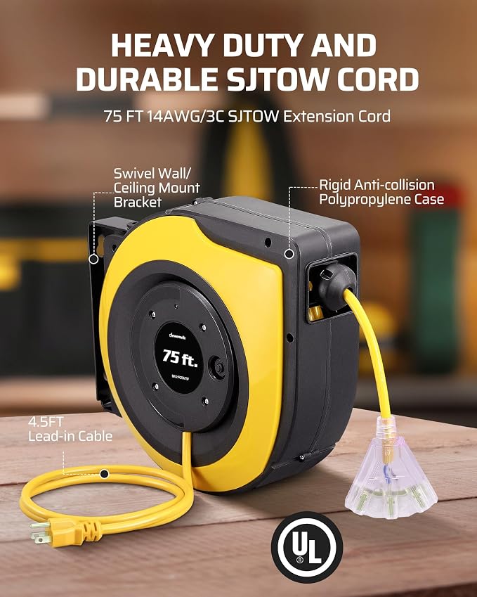 DEWENWILS Retractable Extension Cord Reel, 75 FT Heavy Duty Power Cord - Image 3