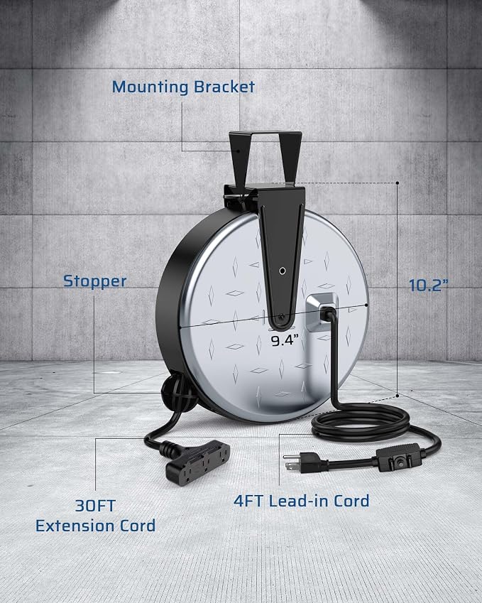 DEWENWILS Metal Extension Cord Reel, 30FT Retractable Extension Cord, 16AWG/3C - Image 7