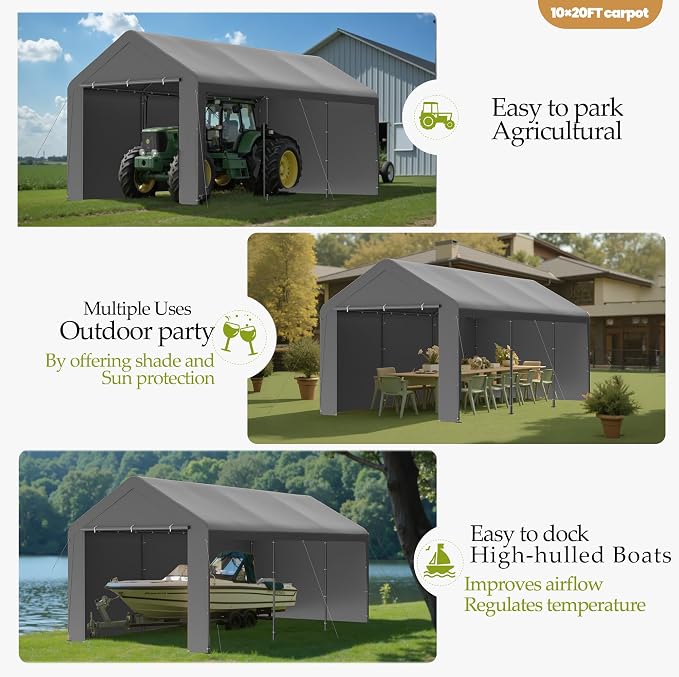 GOJOOASIS 10x20 Carport Heavy Duty Portable Garage Shelter Metal Car Canopy Tent - Image 6