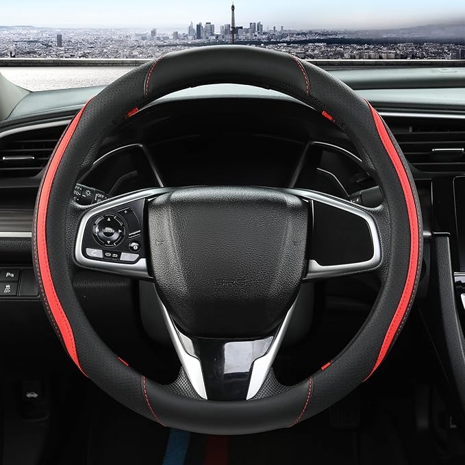 Car Steering Wheel Cover, Leather Steering Wheel Cover Red Universal 14.5-15 by Szttswamp