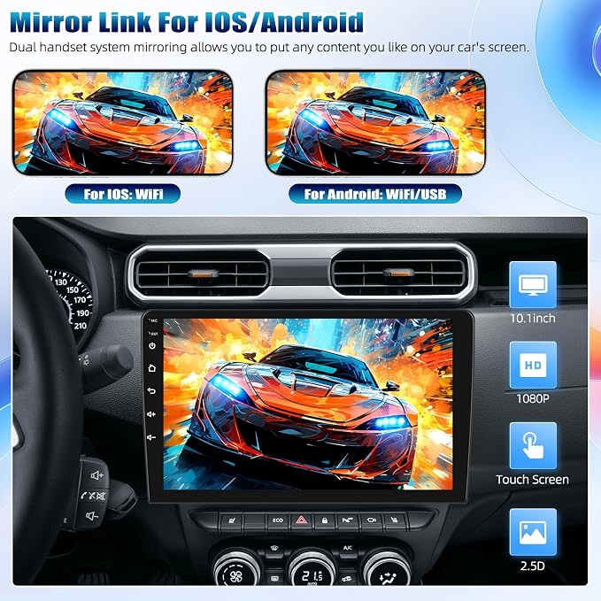Double Din Car Stereo Radio Receiver, 10.1” 2.5D Curved HD Touch Screen Head - Image 2