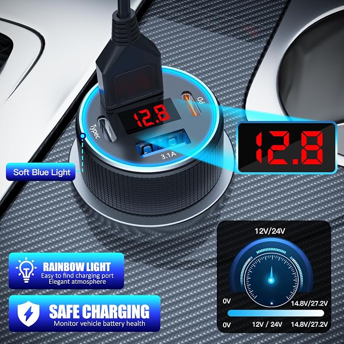 Car Charger USB C, 78W 4 Port Fast Charging Car Phone Charger Adapter, Dual - Image 4