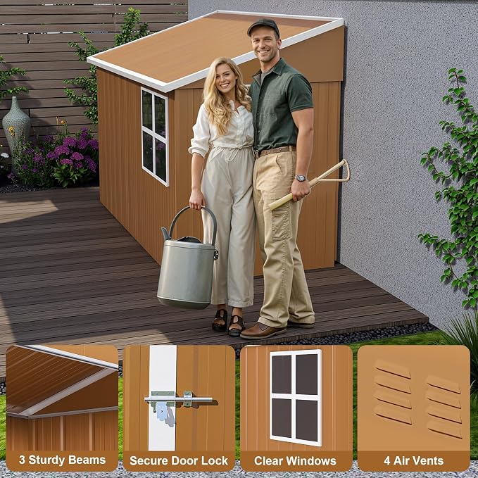 8 x 4 FT Outdoor Lean to Storage Shed, Metal Garden Tool Shed - Image 3