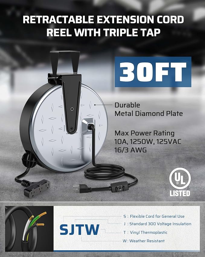 DEWENWILS Metal Extension Cord Reel, 30FT Retractable Extension Cord, 16AWG/3C - Image 3