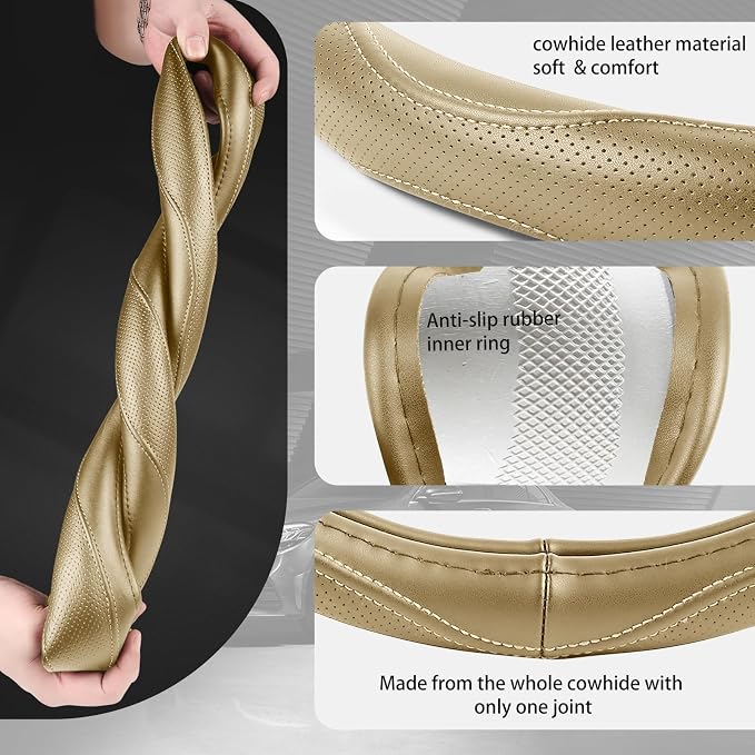 High-Grade Beige Genuine Leather Steering Wheel Cover - Image 5