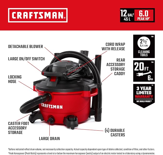 CRAFTSMAN CMXEVBE17606 12 Gallon 6.0 Peak HP Wet Dry Vac - Image 2