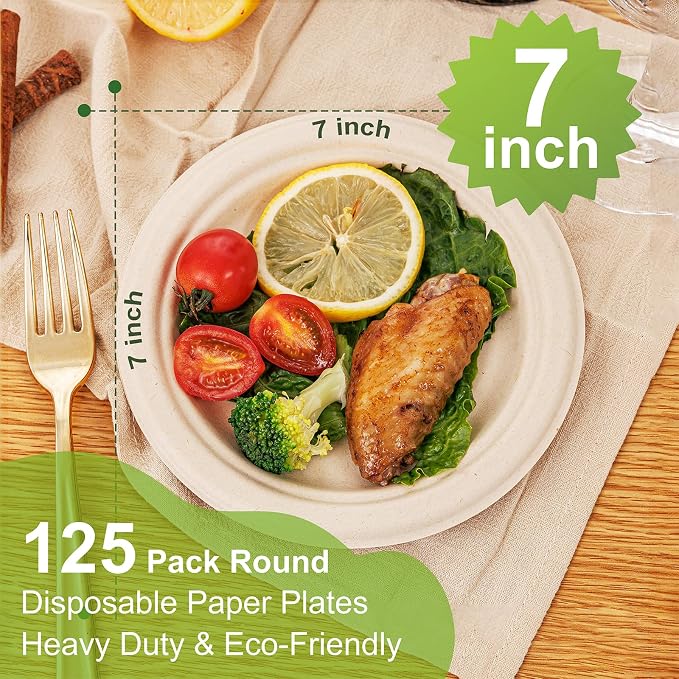 WELLIFE 100% Compostable Paper Plates 7 Inch, Biodegradable Bagasse, - Image 2