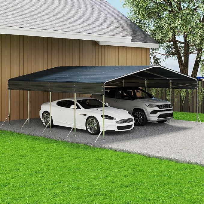 20x20ft Heavy Duty Metal Carport – Outdoor Galvanized Garage, Sturdy Structure by Unknown