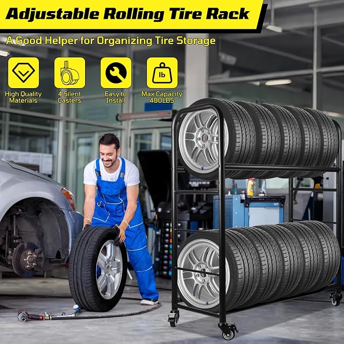 Tire Rack, Rolling Tire Rack 218KG/480LBS Capacity, 2 Storage Shelf & 4 Swivel - Image 3