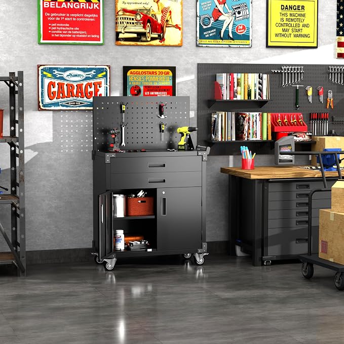 Tool Chest, Tool Cart with 2 Drawer and Lockable Doors, Garage Storage Cabinet - Image 6