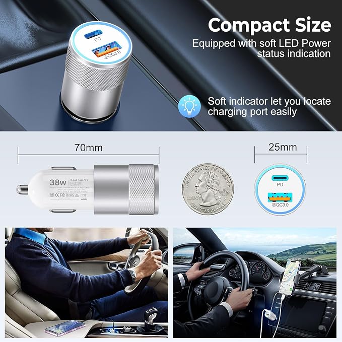 3-Pack Car Charger, Ancekoy 38W Dual Port Fast Charge PD & QC 3.0 Car Adapter - Image 5