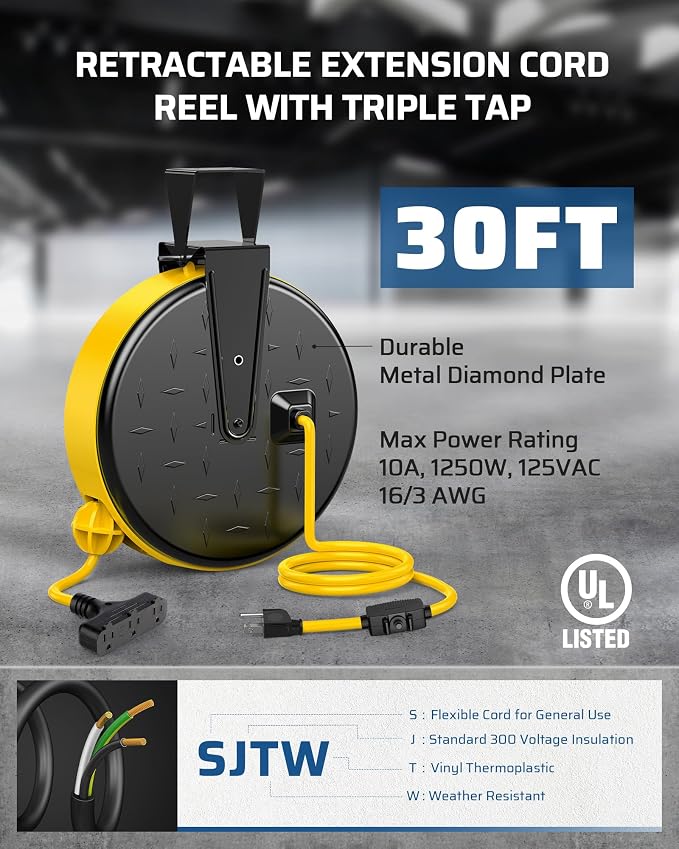DEWENWILS 30 Ft Retractable Extension Cord Reel, Ceiling/Wall Mount 16/3 Gauge - Image 3