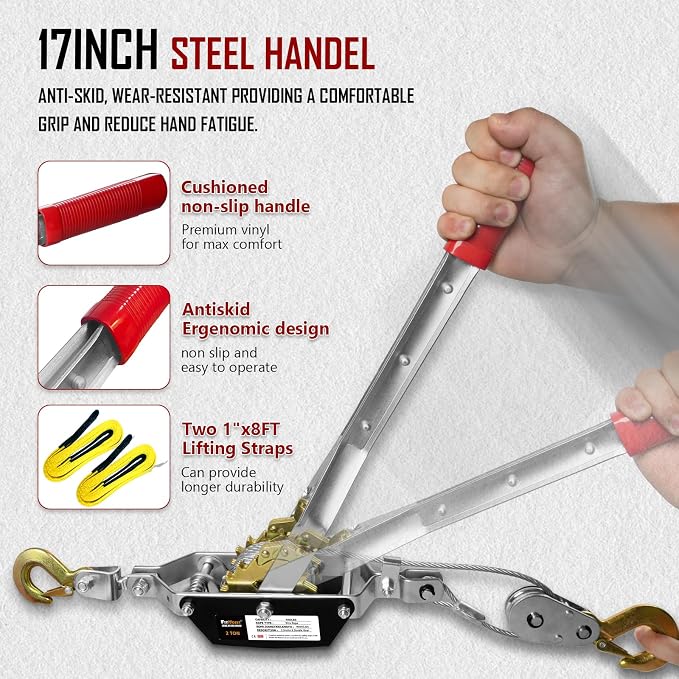 Come Along Winch 2T, Pulling Capacity 12 FT Steel Cable 2 Hooks, - Image 2