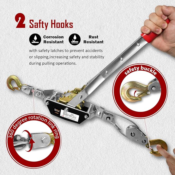Come Along Winch 2T, Pulling Capacity 12 FT Steel Cable 2 Hooks, - Image 3