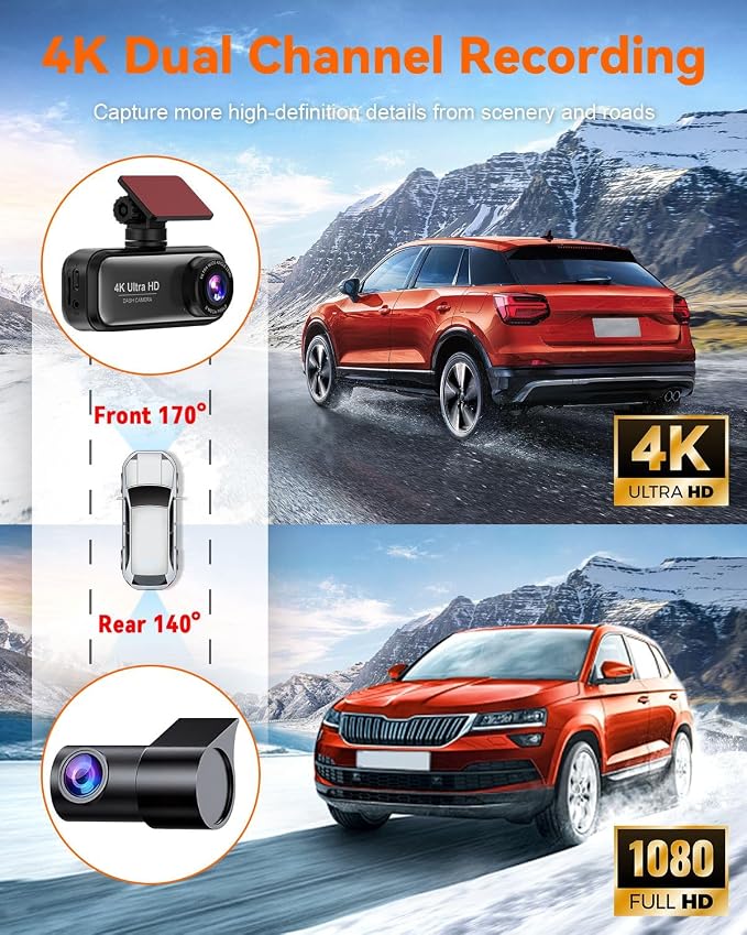 Dash Cam Front and Rear with 64GB Card, 4K+1080P Dual Dash Camera - Image 4